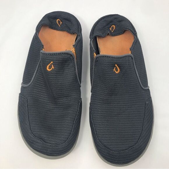 OluKai Nohea Mesh Slip On Flap Heel Shoes in Dark Shadow and Orange - Picture 4 of 11